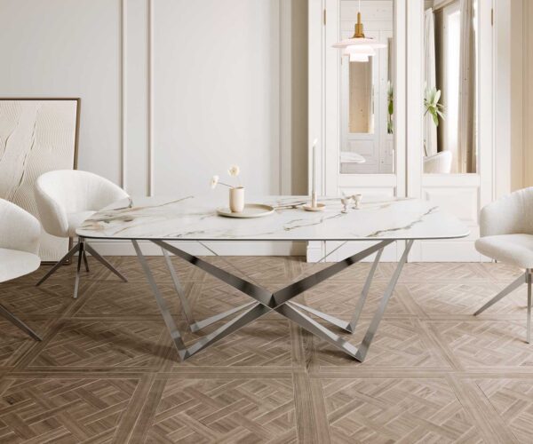 Jedálenský stôl Edge zaoblený tvar 200x100 keramika Calacatta Luxe bielo-zlato-šedá spider plochá oceľ nerezová oceľ - Image 2
