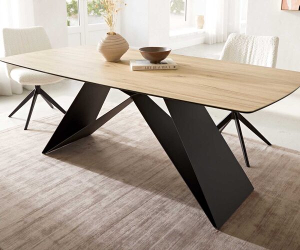 Jedálenský stôl Edge zaoblený tvar 200x100 keramika Laminam® sabbia dubová farba podstava v tvare V plochá oceľ čierna - Image 6