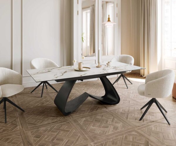 Jedálenský stôl Edge 180-220x100 keramika Calacatta Luxe bielo-zlato-šedá podstava v tvare W čierna rozkladací - Image 8