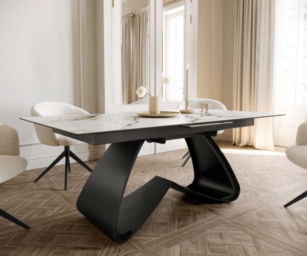 Jedálenský stôl Edge 180-220x100 keramika Calacatta Luxe bielo-zlato-šedá podstava v tvare W čierna rozkladací - Image 7