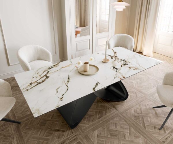Jedálenský stôl Edge 180-220x100 keramika Calacatta Luxe bielo-zlato-šedá podstava v tvare W čierna rozkladací - Image 6