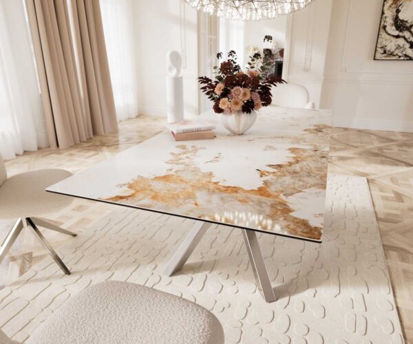 Jedálenský stôl Edge keramický Minas Melange bielo-béžový 180x220x100 cm, obdĺžnikový, s krížovou základňou, nerezový, rozťahovací - Image 8