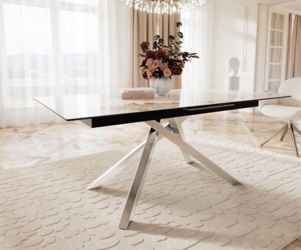 Jedálenský stôl Edge keramický Minas Melange bielo-béžový 180x220x100 cm, obdĺžnikový, s krížovou základňou, nerezový, rozťahovací - Image 6