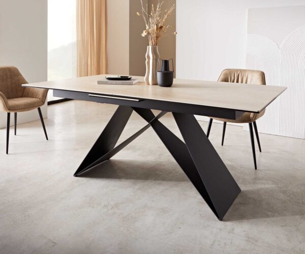 Jedálenský stôl Edge 180-220x100 keramika travertín prírodná podstava v tvare V plochá oceľ čierna rozkladací - Image 6