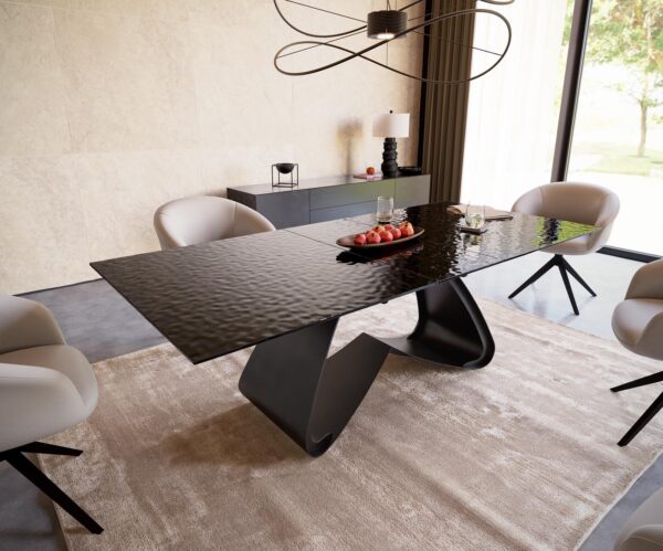 Jedálenský stôl Edge reliefové sklo dymovo čierne 3D dizajn 180-220x100 s čiernou kovovou podnožou rozťahovací