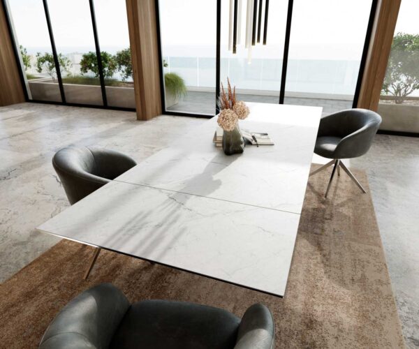 Jedálenský stôl Edge keramický Laminam® Statuarietto biely 200-300x100 Wave nerezový oceľový rozkladací - Image 6