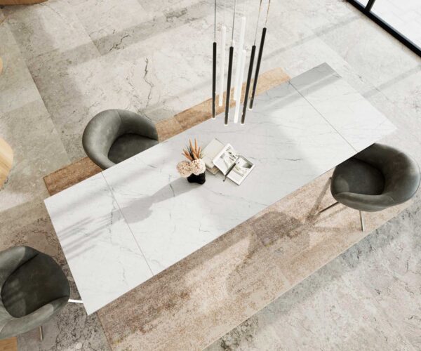 Jedálenský stôl Edge keramický Laminam® Statuarietto biely 200-300x100 Wave nerezový oceľový rozkladací - Image 4