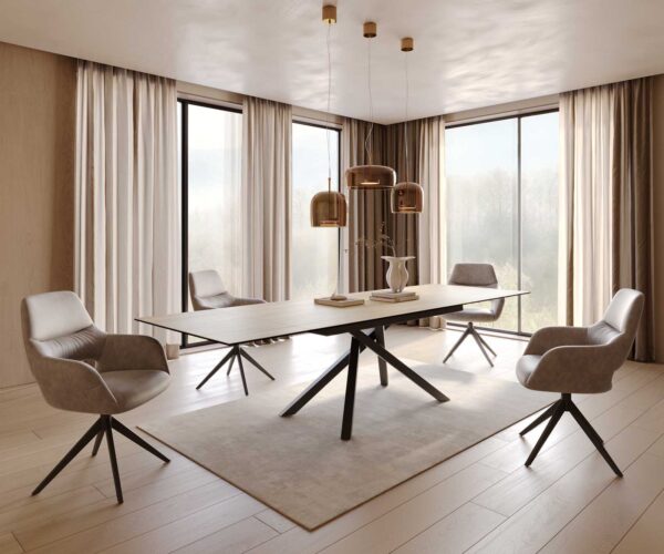 Jedálenský stôl Edge keramický Laminam® Sabbia dubová farba 200-300x100 cm, priečny kovový čierny podstavec, rozťahovací, obdĺžnikový - Image 8