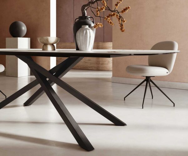 Jedálenský stôl Edge zaoblený tvar 240x120 keramika Calacatta Luxe bielo-zlato-šedá krížová podstava hranatý čierna - Image 6