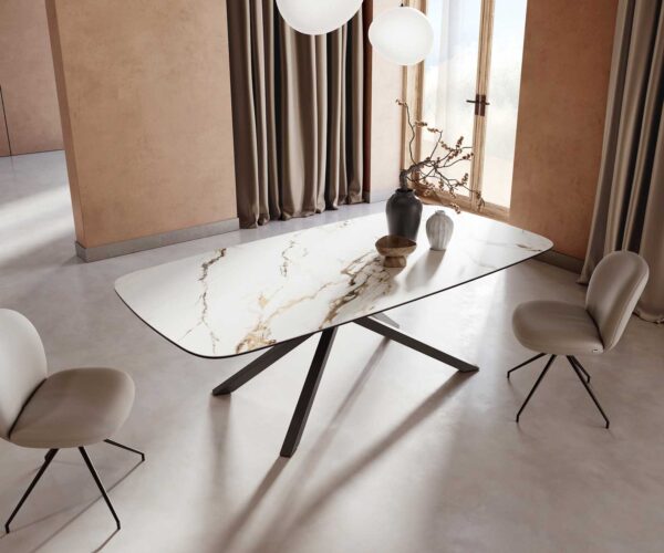 Jedálenský stôl Edge zaoblený tvar 240x120 keramika Calacatta Luxe bielo-zlato-šedá krížová podstava hranatý čierna - Image 5