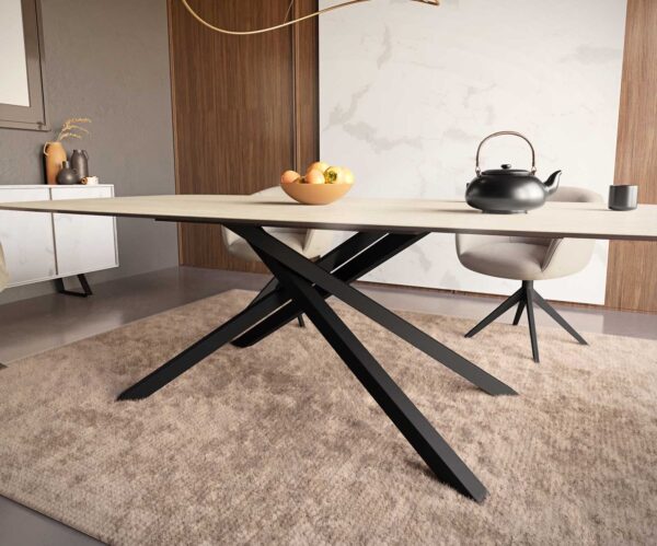 Jedálenský stôl Edge zaoblený 240x120 keramika travertín prírodná krížová podstava obdĺžnik čierna - Image 6