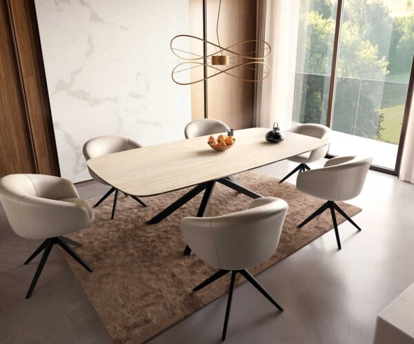 Jedálenský stôl Edge zaoblený 240x120 keramika travertín prírodná krížová podstava obdĺžnik čierna - Image 8