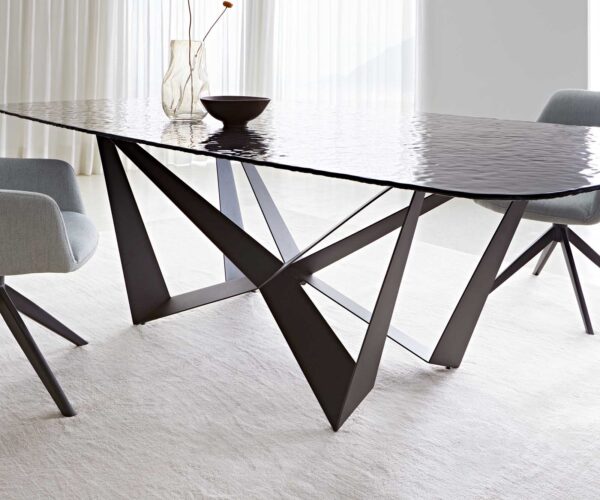 Jedálenský stôl Edge zaoblený 240x120 reliéfne sklo dymovo čierna 3D dizajn Spider plochá oceľ čierna - Image 7