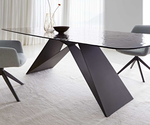 Jedálenský stôl Edge oválny 240x120 reliéfne sklo dymovo čierna 3D dizajn podstava v tvare V plochá oceľ čierna - Image 7
