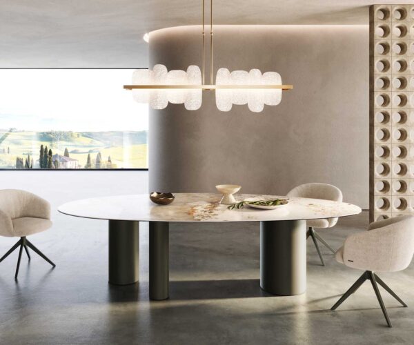 Jedálenský stôl Edge oválny keramický Minas Melange bielo-béžový 280x130 trojmetálový efekt povrch titánový - Image 2