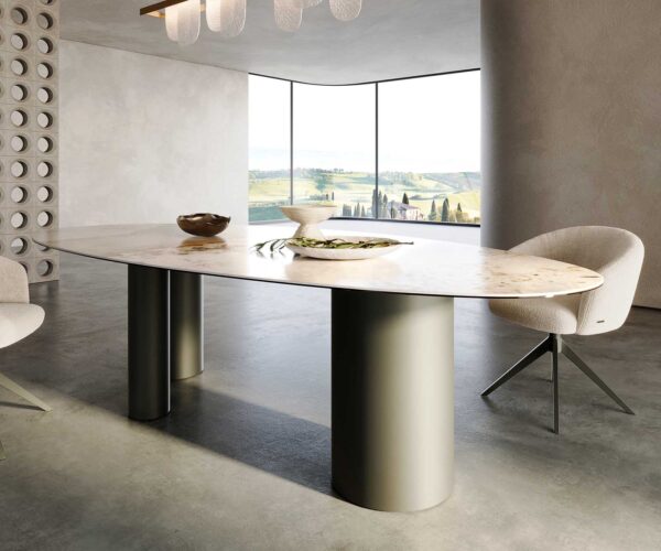 Jedálenský stôl Edge oválny keramický Minas Melange bielo-béžový 280x130 trojmetálový efekt povrch titánový - Image 6