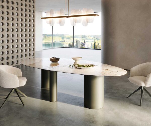 Jedálenský stôl Edge oválny keramický Minas Melange bielo-béžový 280x130 trojmetálový efekt povrch titánový - Image 7