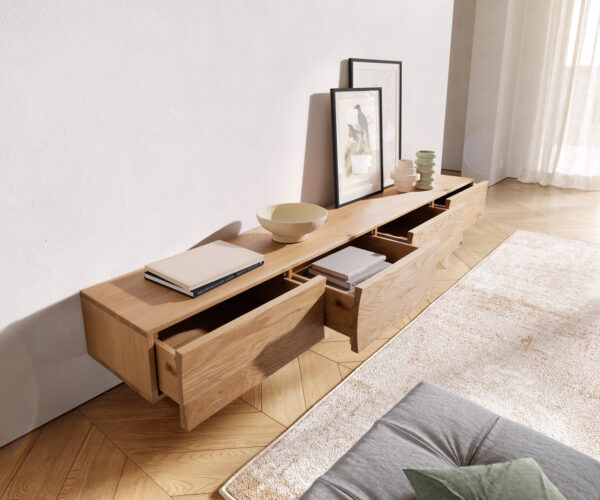 TV stolík Wyatt 220 cm prírodný dub 4 zásuvky v štýle „floating“ - Image 2