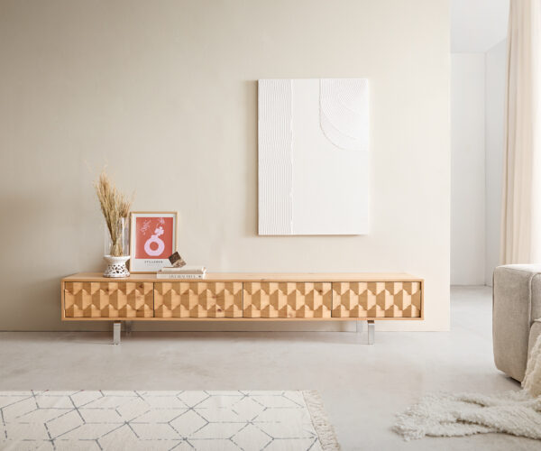 TV stolík Fevo 220 cm prírodný dub 4 dvere L-nohy nehrdzavejúca oceľ - Image 2
