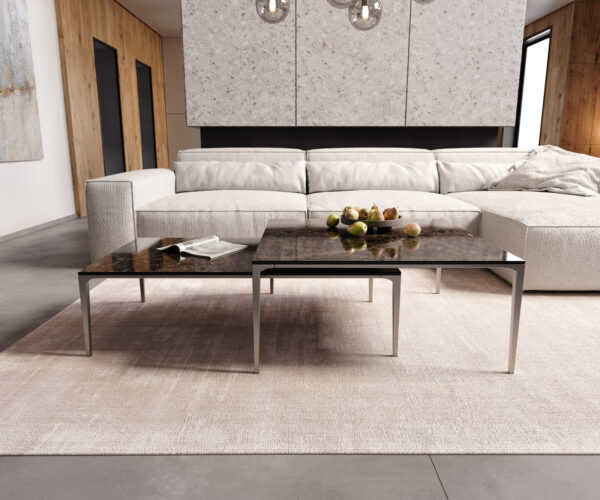 Konferenčný stolík Levente 85x85 cm keramická doska Laminam Emperador Extra Lucidato, tmavohnedý rám, nerezová oceľ strieborná - Image 6