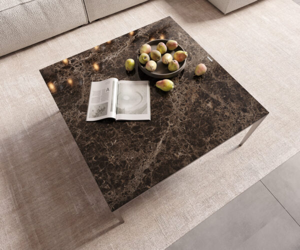 Konferenčný stolík Levente 85x85 cm keramická doska Laminam Emperador Extra Lucidato, tmavohnedý rám, nerezová oceľ strieborná - Image 4