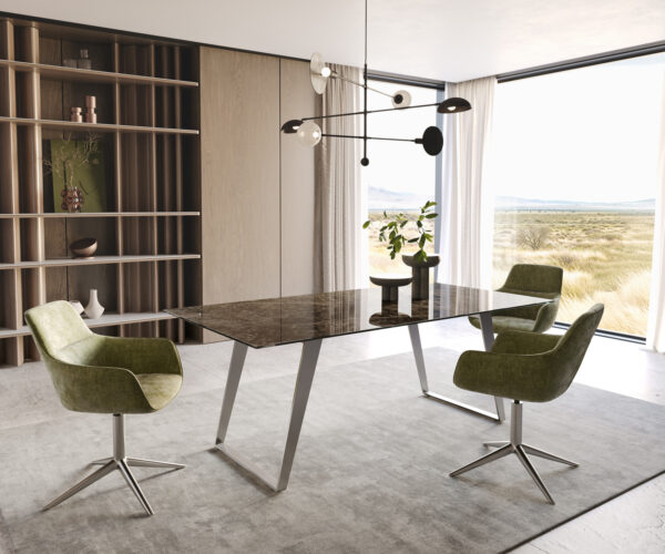 Jedálenský stôl Edge 200x100 keramika Laminam Emperador Extra Lucidato tmavohnedý nehrdzavejúca oceľ šikmý - Image 5