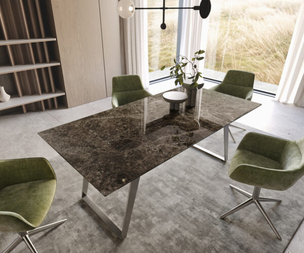 Jedálenský stôl Edge 200x100 keramika Laminam Emperador Extra Lucidato tmavohnedý nehrdzavejúca oceľ šikmý - Image 2
