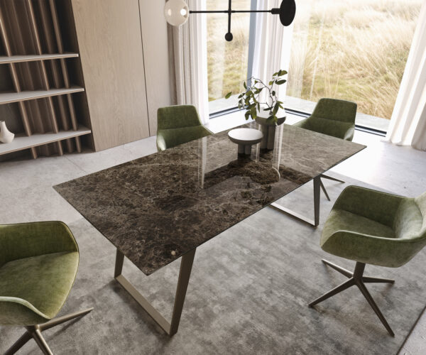 Jedálenský stôl Edge 200x100 keramická doska Laminam Emperador Extra Lucidato tmavohnedý kovový efekt s titanovým sklonom - Image 2