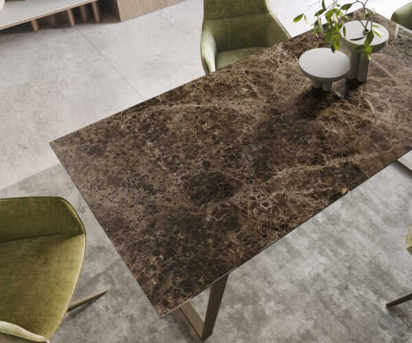 Jedálenský stôl Edge 200x100 keramická doska Laminam Emperador Extra Lucidato tmavohnedý kovový efekt s titanovým sklonom - Image 4