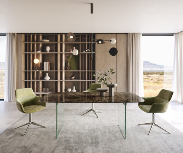 Jedálenský stôl Edge lodný tvar 200x100 keramika Laminam? Emperador Extra Lucidato tmavohnedý sklenený rám - Image 2