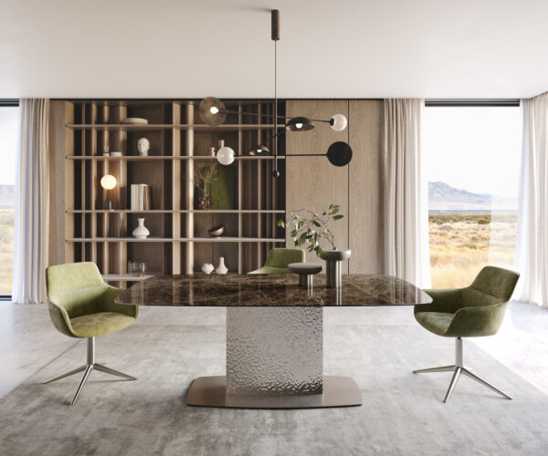 Jedálenský stôl Edge lodný tvar 200x100 keramika Laminam Emperador Extra Lucidato tmavohnedá Wave nerezová oceľ - Image 2