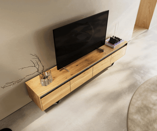 TV stolík Stonegrace 200 cm prírodný dub bridlica 4 zásuvky V-nohy kov čierny - Image 4