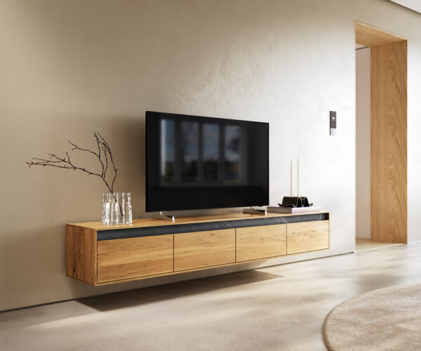 TV stolík Stonegrace 200 cm prírodný dub bridlica 4 zásuvky v štýle vznášajúcej sa skrinky