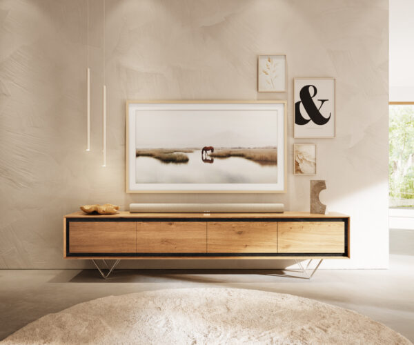 TV stolík Stonegrace 200 cm prírodný dub 4 dvierka kameňová dyha V-nohy nerezová oceľ - Image 2