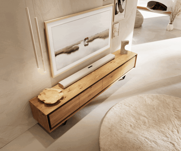 TV stolík Stonegrace 200 cm prírodný dub 4 dvere kovové nohy v tvare V čierne - Image 4