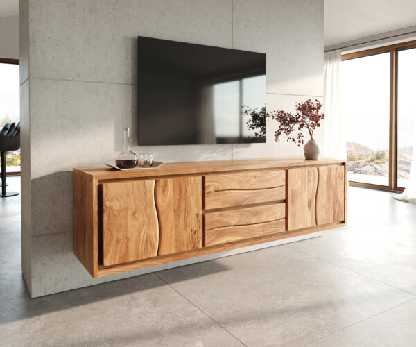 TV stolík Live-Edge 200 cm prírodná akácia 4 dvere 2 zásuvky v štýle „floating“