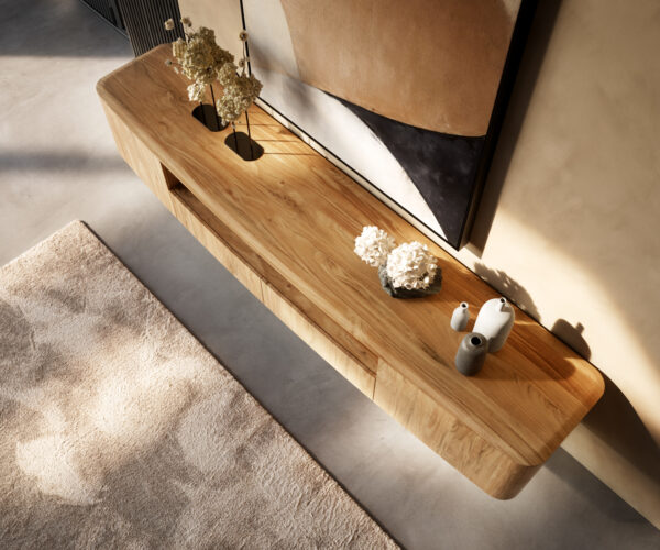 TV stolík Nagaru 240 cm akácia aura 2 dvere 2 zásuvky 1 priečinok v štýle „floating“ - Image 4