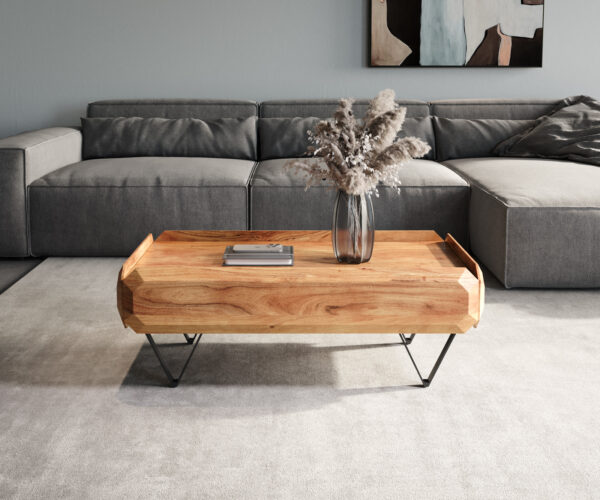 Konferenčný stolík Kiano 100x50 cm prírodná akácia 2 zásuvky V-nohy čierne - Image 2