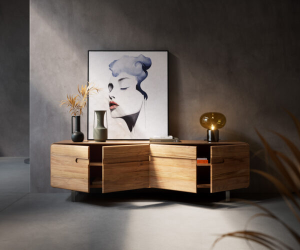 TV stolík Anaya 200 cm akácia natural 4 L-nohy nerezová oceľ - Image 5