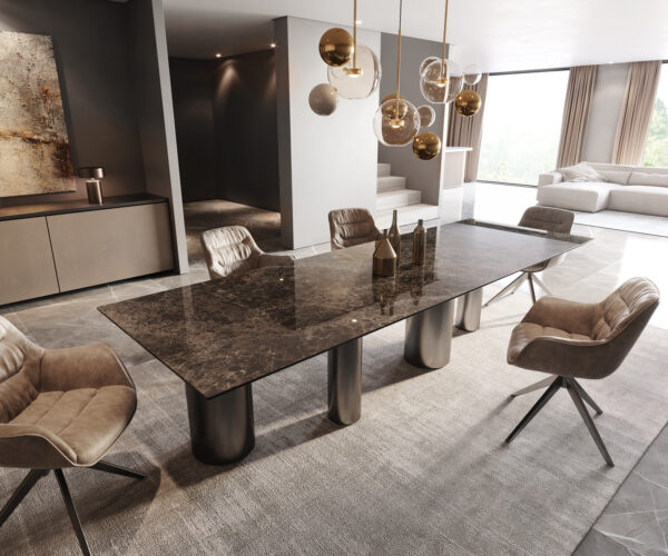 Jedálenský stôl Edge 300x100 keramická doska Laminam? Emperador Extra Lucidato tmavohnedá Pilier nerezová oceľ grafitová - Image 2
