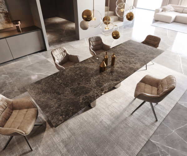 Jedálenský stôl Edge 300x100 keramická doska Laminam? Emperador Extra Lucidato tmavohnedá Pilier nerezová oceľ grafitová - Image 4