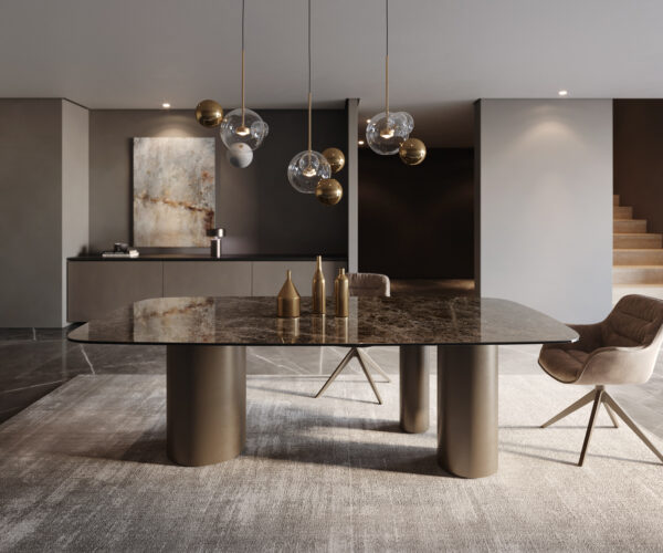 Jedálenský stôl Edge lodný tvar 240x120 keramika Laminam Emperador Extra Lucidato tmavohnedá Troa kovový efekt titanové prevedenie - Image 2