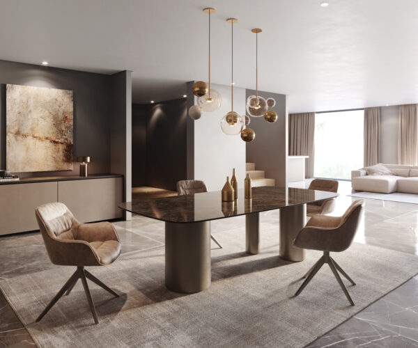 Jedálenský stôl Edge lodný tvar 240x120 keramika Laminam Emperador Extra Lucidato tmavohnedá Troa kovový efekt titanové prevedenie - Image 5