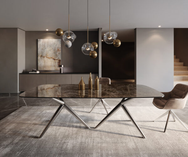 Jedálenský stôl Edge lodný tvar 240x120 Laminam Emperador Extra Lucidato tmavohnedý estelar okrúhly nerezový oceľový - Image 2
