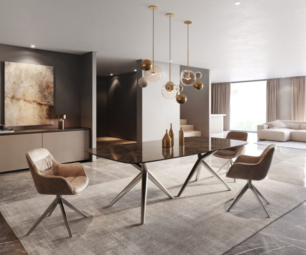 Jedálenský stôl Edge lodný tvar 240x120 Laminam Emperador Extra Lucidato tmavohnedý estelar okrúhly nerezový oceľový - Image 5