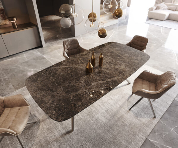 Jedálenský stôl Edge lodný tvar 240x120 Laminam Emperador Extra Lucidato tmavohnedý estelar okrúhly nerezový oceľový - Image 4