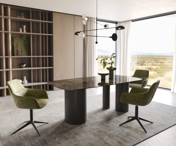 Jedálenský stôl Edge lodný tvar 200x100 keramika Laminam® Emperador Extra Lucidato tmavohnedá Troa kov čierny - Image 5