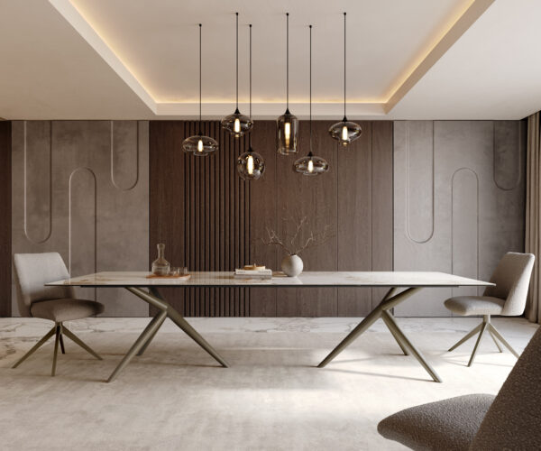 Jedálenský stôl Edge 300x100 keramika Minas Melange bielo-béžová Estelar okrúhly kovový efekt povrch titánový - Image 2