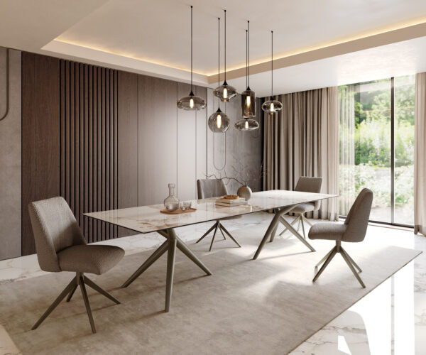 Jedálenský stôl Edge 300x100 keramika Minas Melange bielo-béžová Estelar okrúhly kovový efekt povrch titánový - Image 6