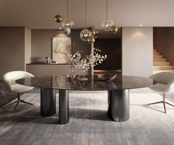 Jedálenský stôl Edge oválny 280x130 keramika Laminam®Emperador Extra Lucidato tmavohnedá Troa nerezová oceľ grafitová - Image 2